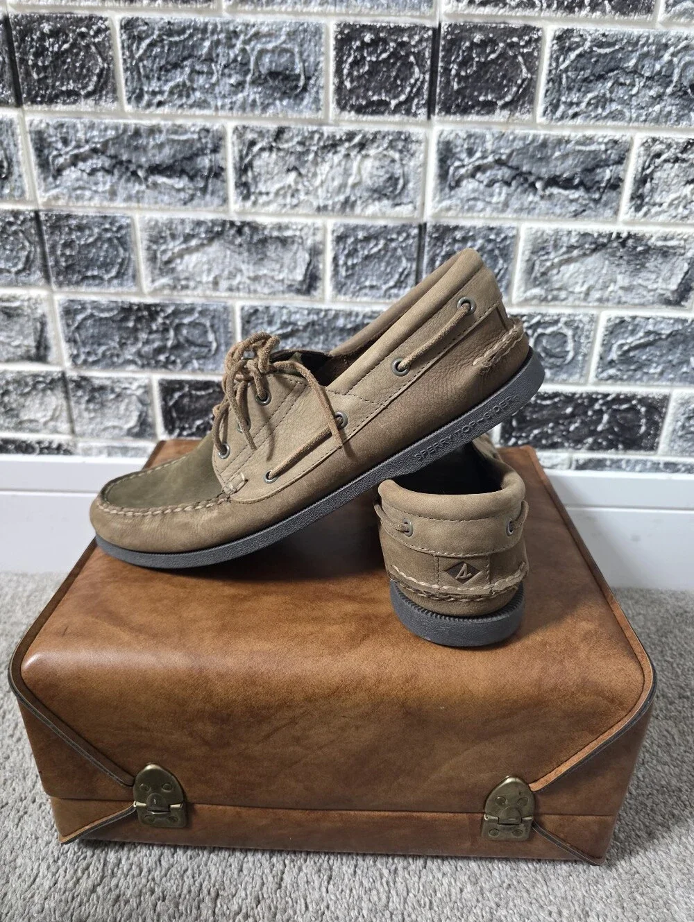 Sperry Top Sider Men's Leather Olive Slip On Shoes Size 10M